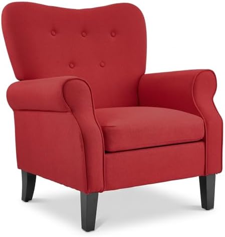 YOLENY Modern Accent Chair,High Back Armchair,Upholstered Fabric Button Single Sofa with Wooden Legs for Living Room,Bedroom,Club,Red by YOLENY
