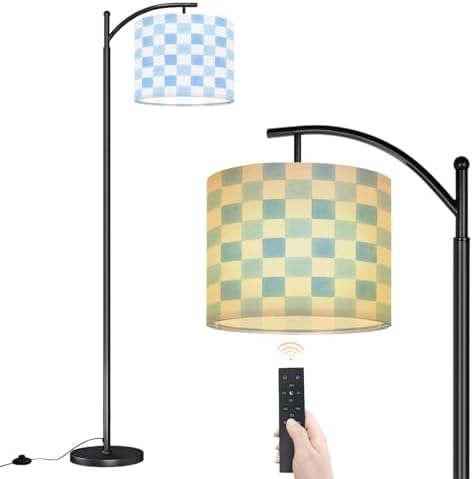 Arc Floor Lamp Blue Watercolor Gingham Checkered Soft Shades Blue White Dimmable Modern Standing Lamp with Remote Adjustable Drum Shade Footswitch Tall Pole Lamp for Living Room Bedroom by DERUINVAIO