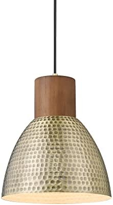 ELYONA Vintage Hammered Pendant Light Fixture, 7” Small Brushed Brass Metal Hanging Light Solid Wood Antique Gold Pendant Lamp for Kitchen Island, Farmhouse, Dining Room, Adjustable Height by ELYONA