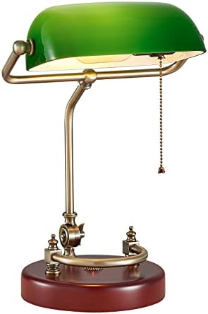 Bankers Lamp Traditional Green Glass Desk Lamp Solid Wood Pull Chain Switch by NUSRAN