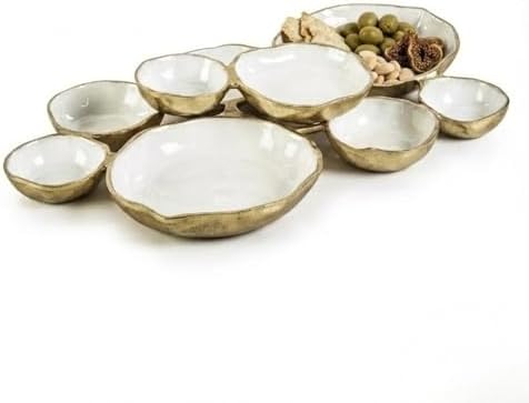 Cluster of 9 Round Serving Bowls Enamel Clusters Decorative Elegant Snack Tray for Olives, Chip & Dip, Nuts, Appetizers & Entertaining Strong Brass & Enamel Home Decor Gifts, Parties & Weddings 22" by Gute
