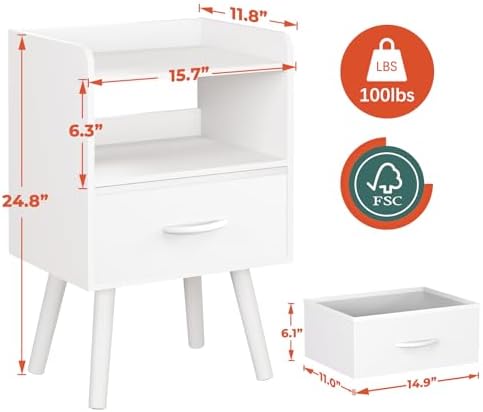 Yoobure Modern Nightstand with Drawer, Bedside Tables, Mid Century Nightstands with Open Storage Shelf, Wood Bedside Table, Small Night Stands for Bedrooms, 2-Tier Night Table - Image 3
