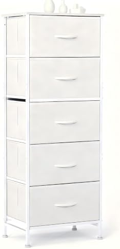 DUMOS Nightstand with 5 Drawers Bedside Table with Removable Fabric Bins Sturdy Steel Frame Wood Top Organizer Furniture for Bedroom Closet Living Room, White by DumosLifestyle