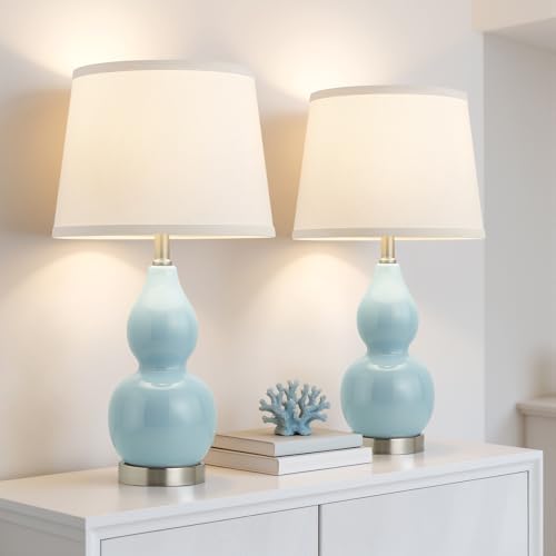 GyroVu 22" Table Lamp Set of 2, Color Temperature Adjustable Double Gourd Ceramic Lamps Classic Nightstand Table Lamps for Bedroom Beside Lamps for Living Room, Sky Blue-Bulbs Included - Image 5