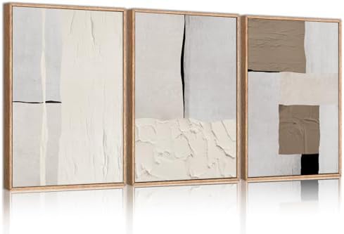 LHIUEM Large Abstract Neutral Framed Canvas Wall Art Set,Mid Century Beige Textured Wall Decor,Brown Gray Block Art Painting for Living Room,Bedroom,Dining Room,Office -24"x36"x3 by LHIUEM