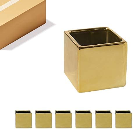 WGV Ceramic Cube Vase Bulk Width 5.5" Height 5" (Fits 5" Pot) Elegant Modern Block Square Floral Planter Terrarium Container Table Dresser for Event Accent Home Office Decor Gold 6 Pieces by WGVInternational-OpusGlassware