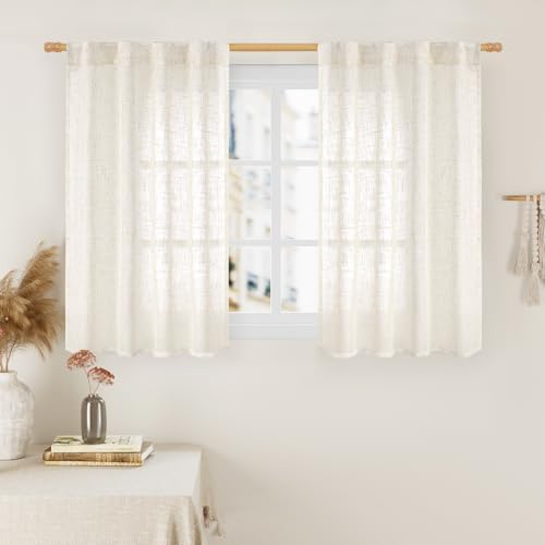 LAMIT Cream Linen Curtains 40 Inch for Kitchen Window Over Silk, 2 Panels by LAMIT