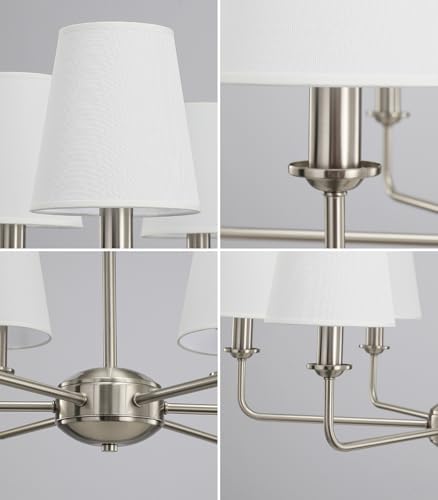 6-Light Brushed Nickel Chandelier with White Fabric Shades, E12 Base Modern Farmhouse Ceiling Light Fixture for Dining Room, Living Room, Bedroom, Kitchen, Foyer, Adjustable Hanging Rod. - Image 6