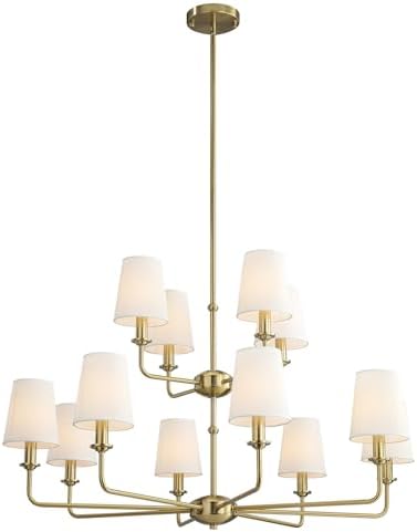 12-Light Brushed Gold Chandelier, E12 Bulb Compatible, White Fabric Shades, Adjustable Rod, Farmhouse & Industrial Style Ceiling Light for Living Room Dining Room Bedroom - Image 7
