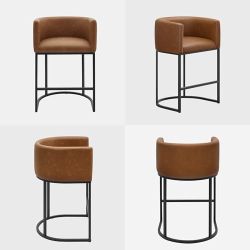 Counter Height Bar Stools Set of 2, Modern Counter Stools for Dining Room, 24 Inch Barstools for Kitchen Island, Faux Leather Bar Stool with Metal Legs and Back Footrest, Brown - Image 6