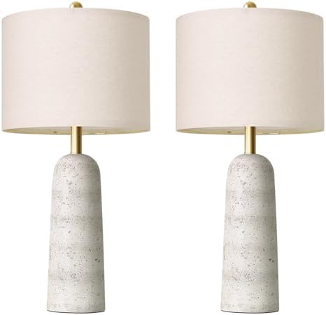BOBOMOMO 27.25" Modern Table Lamp Set of 2, White Resin Table Lamps with Stone Look, Lamps for Living Room with Linen Shades, Bedside Lamps for Bedroom, Nightstand, Entryway by BOBOMOMO