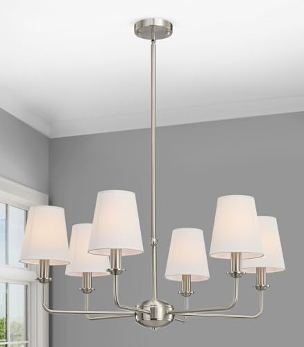 6-Light Brushed Nickel Chandelier with White Fabric Shades, E12 Base Modern Farmhouse Ceiling Light Fixture for Dining Room, Living Room, Bedroom, Kitchen, Foyer, Adjustable Hanging Rod. by QUENEY