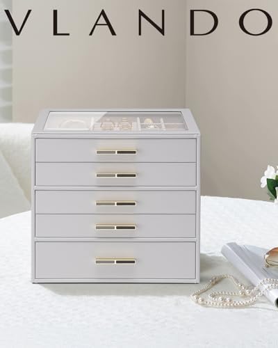 VLANDO 5 Layer Jewelry Box for Women, Glass Lid Jewelry Organizer with 5 Drawers for Necklaces Rings Earrings Bracelets - Grey - Image 2