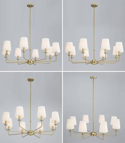 40.5'' 8-Light Brushed Gold Chandelier, E12 Base, White Fabric Shade - Farmhouse & Industrial Style Pendant Light for Dining Room Living Room Bedroom Kitchen - Image 5