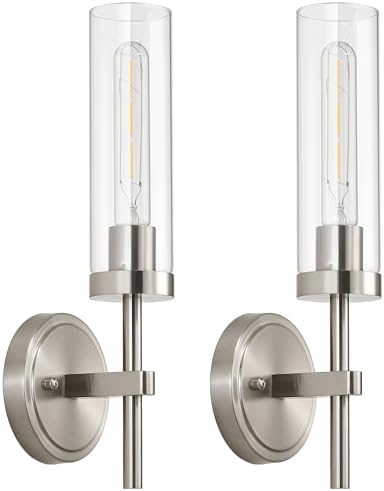 SANTOSTOCK Brushed Nickel Wall Sconces Set of 2, Hardwired Bathroom Sconces Vanity Light Fixture, Farmhouse Wall Mount Lamps for Mirror Living Room Bedroom Hallway by SANTOSTOCK