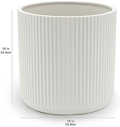 Amazon Basics Fluted Ceramic Planter Pot for Indoor Outdoor Plants, Round Flower Pot with Drainage Hole, 10-inch, White - Image 6