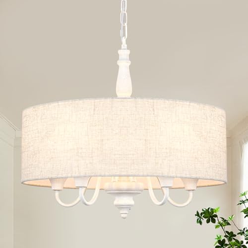 5-Light Drum Chandelier for Dining Room, 18'' Farmhouse Chandelier with Linen Shade, Round Fabric Drum Hanging Light Fixture for Entryway, Foyer, Living Room, Bedroom, French Distressed White by LJHhowe