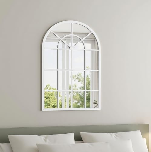Dewfig Arched Wall Mirror, 42"x30" Metal Frame Windowpane Mirror, White - Image 4