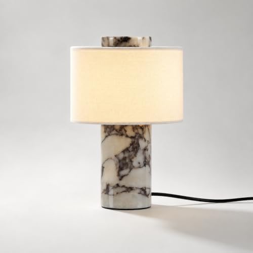 Marble Table Lamp, Natural Stone Touch Control Bedside Lamp with 3 Color Temperatures, Linen Fabric Shade, Modern Nightstand Lamp for Bedroom Living Room, Plug-in by NIUZDU