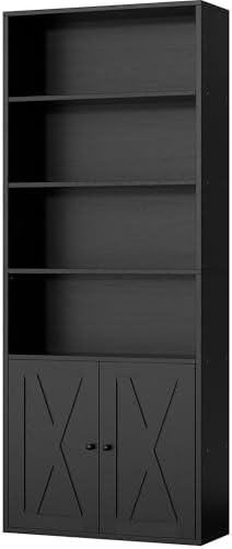 Shintenchi Bookshelf, Industrial Bookshelves and Bookcases with Doors Floor Standing 6 Shelf Display Storage Shelves 70.9 inches Tall Bookcase for Home Office, Living Room (Black) by Shintenchi%7CFurnitureMadeforRealLife