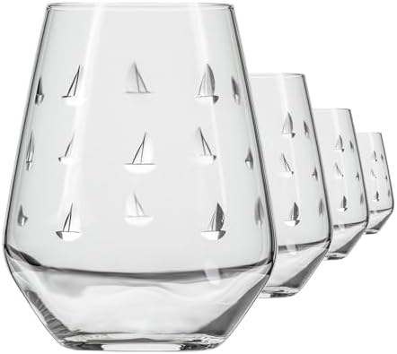 Rolf Glass Sailing Stemless Wine Tumbler 18 ounce | Stemless Wine Glasses Set of 4 | Lead-Free Crystal Glass | Etched Tumbler Glasses | Proudly Made in the USA by RolfGlass