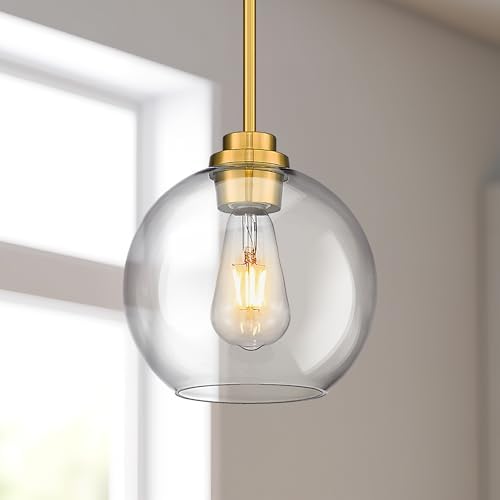 2 Pack Pendant Lights Kitchen Island, 8" Gold Pendant Light Fixtures with Globe Clear Glass Shade, Modern Brass Kitchen Island Lighting for Bathroom, AD-22280-2PL-GD - Image 5