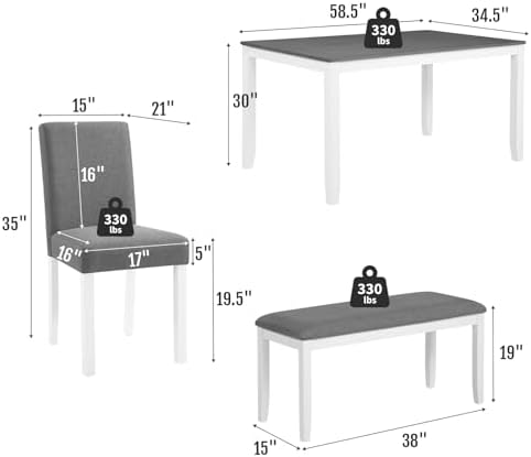 Zevemomo 6-Piece Solid Wood Dining Table Set, Wooden Legs, Grey & White - Image 2