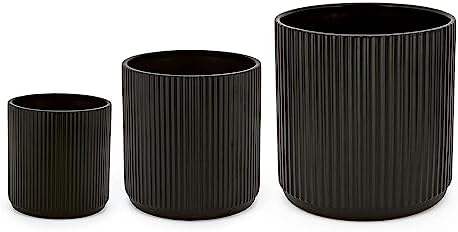 Amazon Basics Fluted Ceramic Planters for Indoor Outdoor Plants, Round Flower Pots with Drainage Hole, Set of 3, 6 inch, 8 inch, 10 inch, Black by AmazonBasics