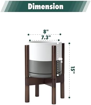 D'vine Dev Ceramic Pot with Walnut Wood Stand, White/Grey, 8 in, 55-B-Y-6 - Image 3
