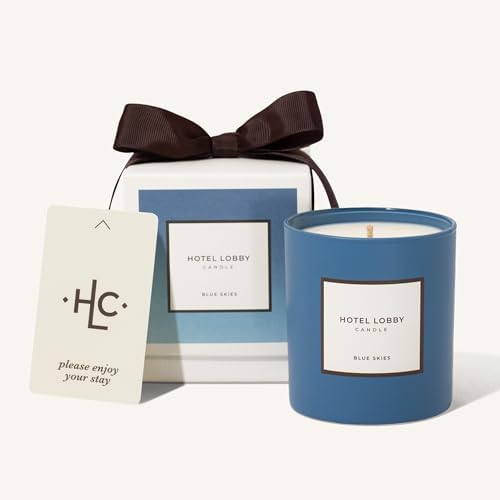 Hotel Lobby Blue Skies Candle – Luxury Hand-Poured 9.75oz Soy Wax with Champagne, Vintage Leather, Mahogany, and Smoke – Infused with Essential Oils, 65-Hour Burn Time, Reusable Vessel, Clean Burn by HotelLobbyCandle