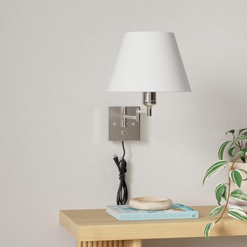TRLIFE Wall Sconces Plug in, Remote Control Dimmable Wall Sconce and Adjustable Color Temperature 2700K-6500K, Swing Arm Wall Lights with Plug in Cord, 9.4" Medium White Fabric Shade(2 Pack, 2 Bulbs) - Image 2