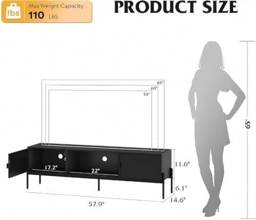 WLIVE 58" TV Stand for 65 Inch TVs, Mid Century Modern Entertainment Center with 2 Storage Cabinets & Open Shelf, Media Console Table with Metal Legs for Living Room, Bedroom, Black - Image 3
