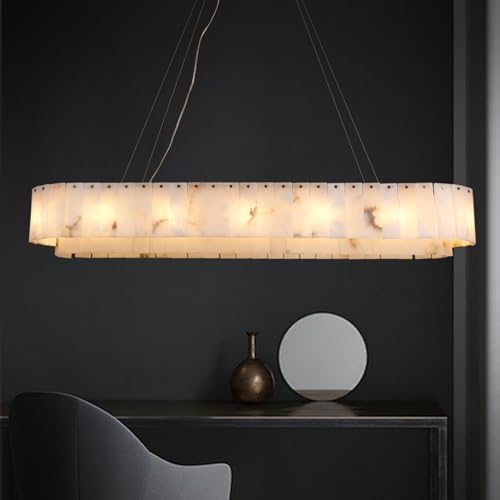 L54in Alabaster Chandelier for Dining Room, Rectangular Modern Chandelier, Spanish Natural Marble Chandeliers, 2-Tiers Pendant Lights Kitchen Island, Chandelier for Living Room, For Foyer, Entryway by Sucelating