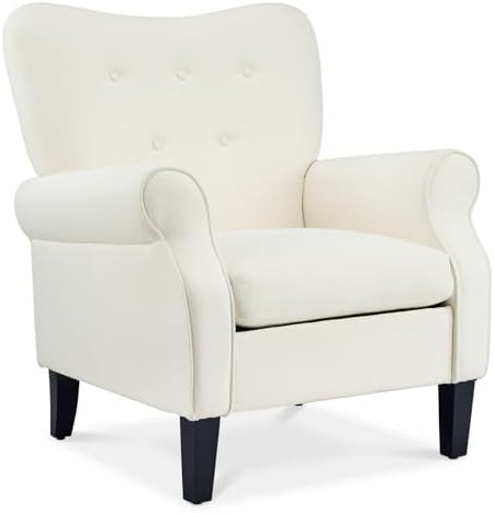 YOLENY Modern Accent Chair,High Back Armchair,Upholstered Fabric Button Single Sofa with Wooden Legs for Living Room,Bedroom,Club,Beige by YOLENY