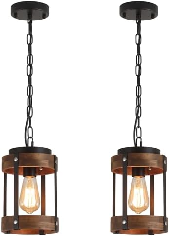 2 Pack Rustic Farmhouse Wood Pendant Light Fixture One-Light Adjustable Chain Oak Wood and Metal Drum Cage Small Pendant Lighting for Kitchen Island Sink Hallway Farmhouse Bathroom Bar, Black by Unknown