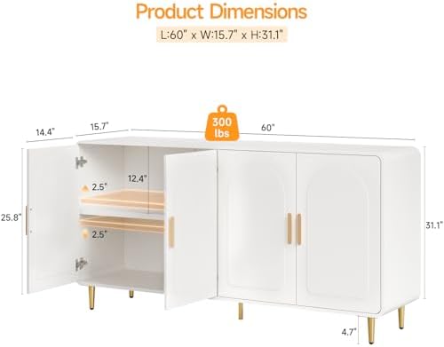 ONBRILL 60" Sideboard Buffet Cabinet, Large Credenza Storage Cabinet, White - Image 2