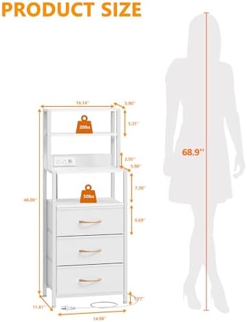 Furnulem Tall Night Stand, White Bedside Nightstand with Charger Station - Image 2