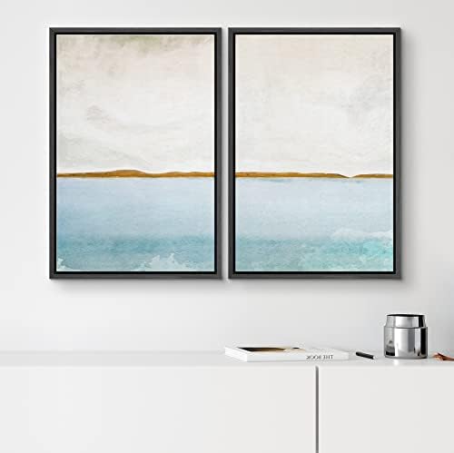 SIGNWIN Framed Canvas Print Wall Art Set Gold Blue Ocean Sea Beach Landscape Nature Wilderness Illustrations Modern Art Decorative Rustic Chic for Living Room, Bedroom, Office - 24"" x36 x2 Black - Image 2