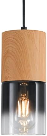 Modern Pendant Lights for Kitchen Island, Adjustable Black Pendant Light Fixtures with Raw Wood Grain, Industrial Glass Pendant Lights for Dining Table Hallway Bedroom Living Room,1 Pack by LINSEEDS