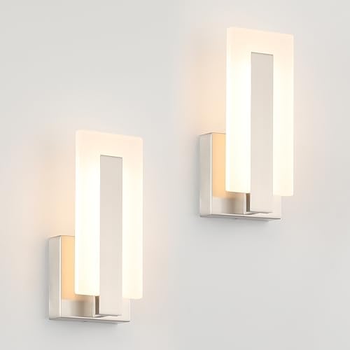 Joosenhouse LED Wall Sconce Set of 2, Hardwired Dimmable Wall Mounted Lights, Indoor Wall Lights for Hallway, Bedroom, Study, Living Room, 9.76 Inch Brushed Nickel Wall Sconce Lighting by Joosenhouse