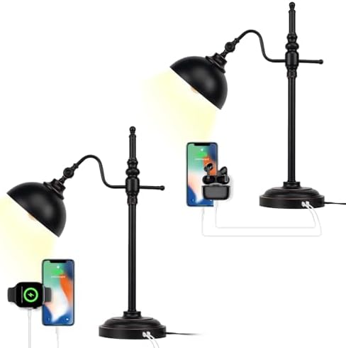 2 Pack Industrial Desk Lamp with 2 USB Charging Port,Black Metal Table Lamp,Adjustable Head Lamp with USB Port for Office Living Room Dorm Farmhouse Reading by JCPYIUL