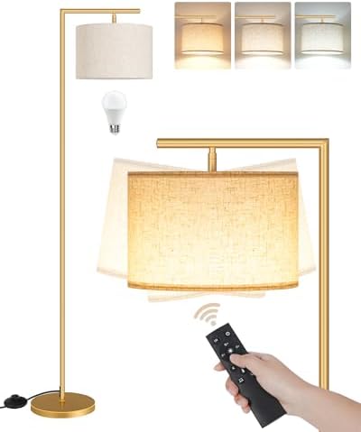 Modern Dimmable Floor Lamp for Living Room, Corner Tall Lamp with Fabric Shade, LED Bulb Included, Arched Reading Light with Remote Control and Foot Pedal, Beige and Gold DE11LD05 by GOEBLESON
