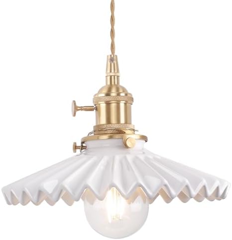 Shenmoyl Pendant Light with White Pleated Ceramic Lmapshade, Brass Vintage Pendant Light Adjustable Hanging Light for Kitchen Island Dining Room Hallway by Shenmoyl