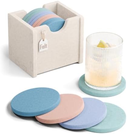 Fluxynara Felt Coasters with Holder, Set of 8 for Drinks, Coastal Haze by FLUXYNARA