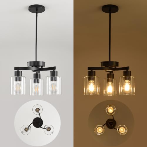 3 Light Black Dining Room Chandelier, Modern Industrial Pendant Light for Kitchen Island, Adjustable Height Hanging Ceiling Light Fixture with Clear Glass Shades,E26 Base,Dimmable - Image 3
