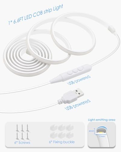 2M COB LED Rope Light Outdoor USB Powered 6.6FT 5V LED Light Strip with Dimmer Daylight White 6000K Dimmable 640LEDs/2M Waterproof IP67 Flexible LED Strip Light for Indoor Room TV Backlight - Image 7