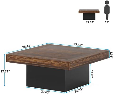 Tribesigns 35.4-Inch Square Coffee Table with LED Light, Modern Wood Coffee Table, Large Center Table for Living Room, Rustic Brown & Black - Image 2