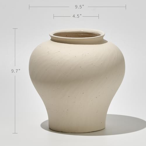 LB2 White Ceramic Rustic Vase, 9.7" Tall Zen Style Terra Cotta Pitcher, Distressed Farmhouse Decor, Pottery Decorative Flower Vase for Home, Table, Living Room - Image 2