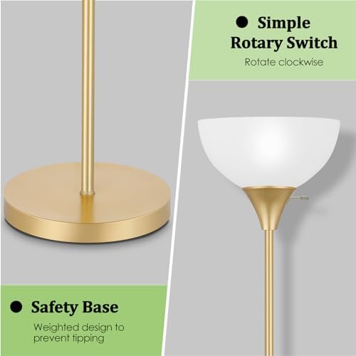 Coucrek Floor Lamp, LED Standing Lamps with White Plastic Shade, Corner Floor Lights for Living Room Bedroom, Rotary Switch, Bulb not Included, Gold - Image 4