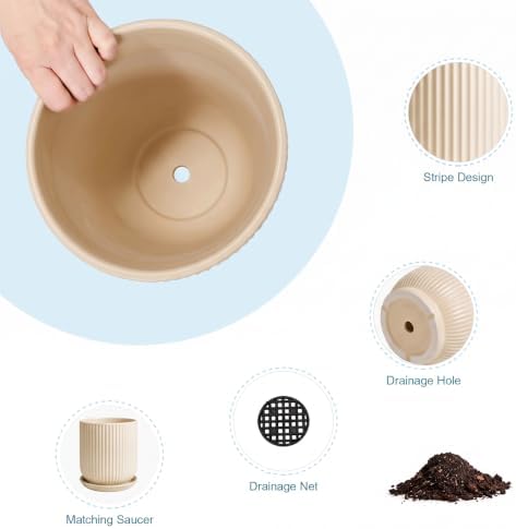 Deep Dream 6 Inch Ceramic Pots for Plants, Heavy Plant Pot for Indoor Outdoor Plants, Large Plant Pot with Drainage Hole and Saucer, Modern Tall Flower Pot, Gifts for Plant Lovers, Cream - Image 5